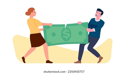 Man and woman pulling on money bill. Sharing family budget. Wife and husband tearing banknote. Financial conflict. Business profit separation. People fight for cash