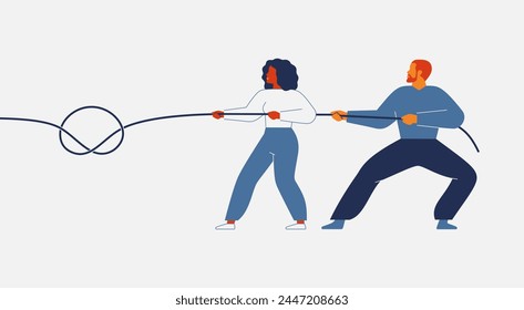 Man and woman are pulling the rope in one direction. Concept of cooperation, unity, shared goals, strength, and mutual support in relationship. Vector illustration