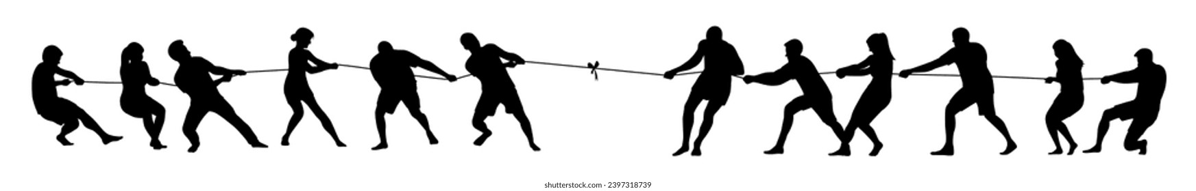 Man and woman pulling a rope in tug of war silhouette, concept of compete, teamwork, Teams Playing Tug Of War	