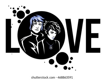 Man and woman punk rock and gothic style couple with crazy blue short hair hairstyles inside black circle love banner poster white background pierced face vector illustration