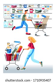 Man and woman purchasing tool in hardware store. People character running in rush pushing shopping trolley cart full of instrument for apartment renovation, house repair. Vector illustration