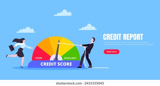 Man and woman push credit score arrow gauge speedometer indicator with color levels. Measurement from poor to excellent rating for credit or mortgage loans concept flat style vector illustration.