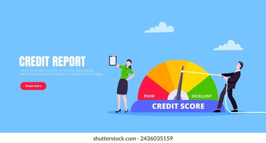 Man and woman push credit score arrow gauge speedometer indicator with color levels. Measurement from poor to excellent rating for credit or mortgage loans concept flat style vector illustration.