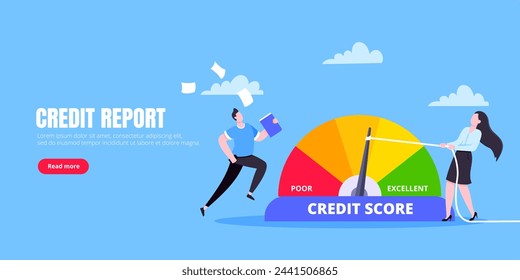 Man and woman push credit score arrow gauge speedometer indicator with color levels. Measurement from poor to excellent rating for credit or mortgage loans concept flat style vector illustration.