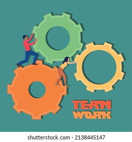 Man and woman pushing some gear pieces Teamwork business concept Vector