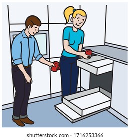 a man and a woman put a dishwasher in. kitchen, office, rules, clean workplace, comic.