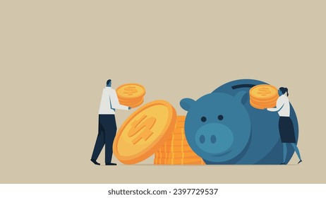 A man and a woman put dollar coins into a piggy bank. svg