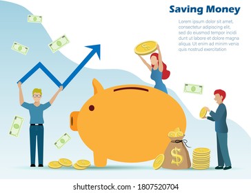 Man and woman put gold coins and bank notes in piggy bank. Idea for saving money and raising profit, financial investment in banking business.