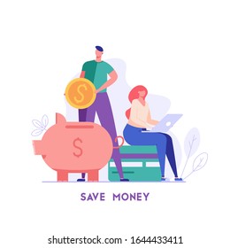 Man And Woman Put Money In Piggy Bank With Coins And Credit Card. Concept Of Banking, Saving Money, Deposit, Cash Back. Vector Illustration In Flat Design For UI, Web Banner, Mobile App