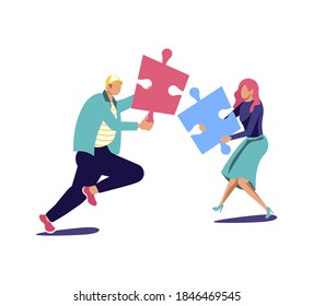 Man and woman put piece of jigsaw and collect puzzle together. Successful implementation plan concept. Flat Art Vector Illustration