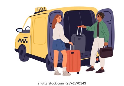 Man and woman put suitcases in taxi. Driver loads passengers luggage in trunk of car. City transportation. Tourist ordering automobile. Woman with baggage calling cab