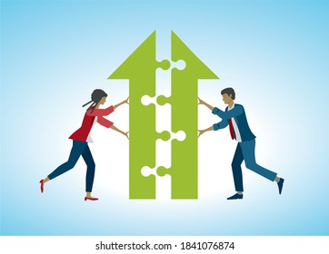 Man and woman put two puzzle pieces togheter to an arrow. Vector illustration.