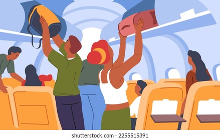 Hombre y mujer poniendo equipaje de camarote en una repisa sobre los asientos en el avión. Viajar en avión, viajes y aventuras. Pasajeros preparándose para los vuelos en busca de sus asientos. Vector de estilo plano