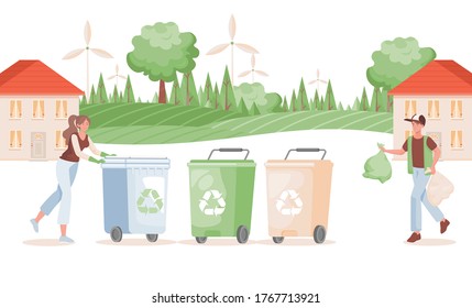 Man and woman putting garbage in containers vector flat illustration. Sorting and recycling waste concept. People in the country village separating waste. Save the planet, eco-friendly lifestyle.