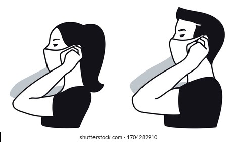 Man and woman putting on medical face mask to protect themselves from catching a virus, vector illustration, 3 colours, side view.