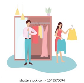 Man and woman putting on their clothes. Adult female and male character standing nearby a wardrobe choosing clothes to go to their work. Isolated vector illustration in cartoon style