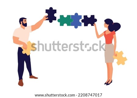 A man and a woman putting together a puzzle. Business concept of analytics, planning, problem solving and decision making. Flat cartoon illustration isolated on white background.