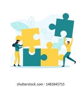 Man and woman with puzzle pieces working together. Teamwork concept. Vector illustration