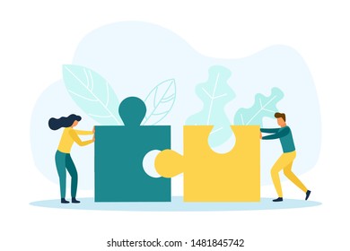 Man and woman with puzzle pieces working together. Teamwork concept. Vector illustration