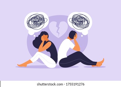 Man and a woman in a quarrel. Conflicts between husband and wife. Two characters sitting back to back, disagreement, relationship troubles. Concept of divorce, misunderstanding in family. Vector.