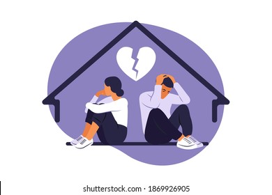 Hombre y mujer en una pelea. Conflictos entre marido y mujer. Dos personajes que miran atrás, desacuerdo, problemas de relación. Concepto de divorcio, malentendido en la familia. Vector.