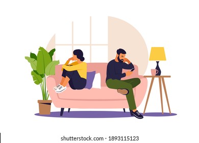 Man and a woman in a quarrel. Conflicts between husband and wife. Two characters sitting back to back, disagreement, relationship troubles. Concept of divorce, misunderstanding in family. Vector.