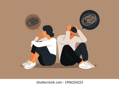 Man and a woman in a quarrel. Conflicts between husband and wife. Two characters sitting back to back, disagreement, relationship troubles. Concept of divorce, misunderstanding in family. Vector.