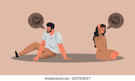Man and a woman in a quarrel. Conflicts between husband and wife. Two characters sitting back to back, disagreement, relationship troubles. Concept of divorce, misunderstanding in family. Vector.