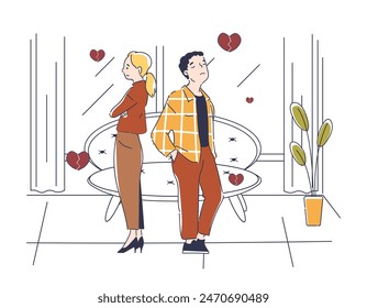 A man and a woman in a quarrel. Couple with negative feelings and emotions. Boyfriend and girlfriend break up or get divorced. Frustration and depression. Line art flat vector illustration
