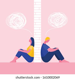 A Man And A Woman In A Quarrel.The Couple Sit Back To Back.Problems In Relationships, Conflicts.Husband And Wife At Odds.Wall Between Them.Flat Vector Illustration