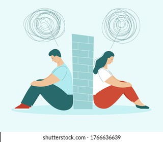 A man and a woman in a quarrel.The couple sit back to back.Problems in relationships, conflicts.Husband and wife at odds.Wall between them.Flat vector illustration