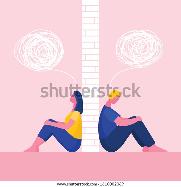 A man and a woman in a\
quarrel.The couple sit back to back.Problems in relationships,\
conflicts.Husband and wife at odds.Wall between them.Flat vector\
illustration