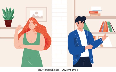 Man and woman in quarrel. Girl cries because her boyfriend offended her. People not talk to each other. Husband and wife at odds. Relationship conflict. Flat vector illustration on white background