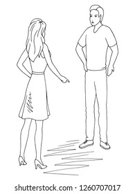 Man and woman quarrel graphic black white isolated sketch illustration vector