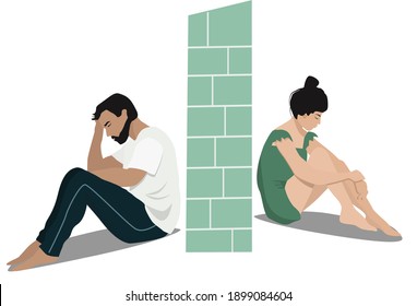 A man and a woman in a quarrel, problems in the relationship or sexual sphere, conflicts. Sad husband and wife, the wall between them.   Vector illustration.