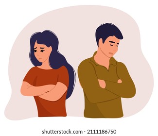 
A man and a woman in a quarrel stand with their backs to each other. Conflicts between husband and wife disagreement, resentment, divorce or misunderstanding in the family. Flat vector illustration