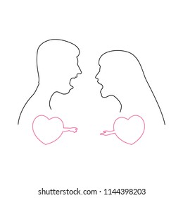 A man and a woman quarrel, but their loving hearts stretch towards each other. Linear vector illustration.