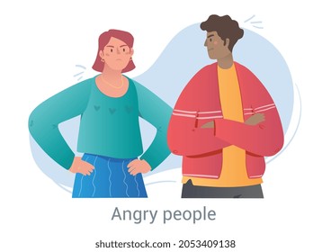 Man and woman in quarrel. Young couple with bad relationship. Characters love each other but swear and conflict. Evil people. Cartoon modern flat vector illustration isolated on white background