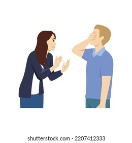 Man and woman quarreled. The man covered his face because he felt guilty. Flat vector illustration isolated on white background