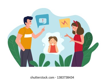 Man and woman  quarreling and baby cries isolated. Vector flat style illustration