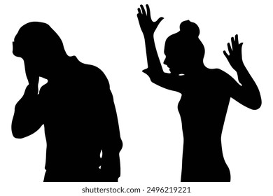 A man and a woman are quarreling. People in black on a white background. The collapse of a marriage. Family quarrels Concept of minimalist image.