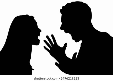 A man and a woman are quarreling. People in black on a white background. The collapse of a marriage. Family quarrels Concept of minimalist image.