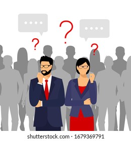 Man and woman with question mark, in the background a crowd of people. Man with question.  Vector male character solving problem. Dilemma of businessman