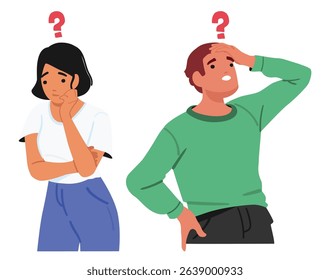 Man and woman with question mark over head portraits. Puzzled, overwhelmed and questioned diverse people emotional reaction on stress isolated set. Emotional thoughtful personages vector illustration