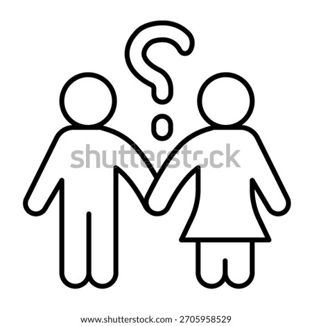 Man and woman with question tag thin line icon, family therapy concept. Vector graphics. Couple relationship dilemma, mental sign on white background, outline style icon for mobile or web design