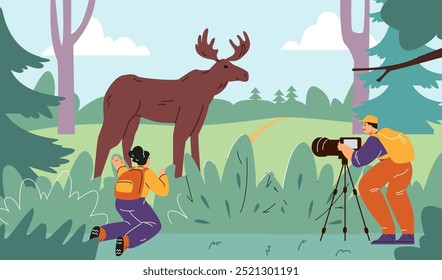 Un hombre y una mujer observan en silencio el alce desde detrás de los arbustos. Cámara grande especial, mochila. Fotografiar animales en su hábitat natural. reserva de Naturaleza. Cacería de fotos. Bosque. Ilustración vectorial.