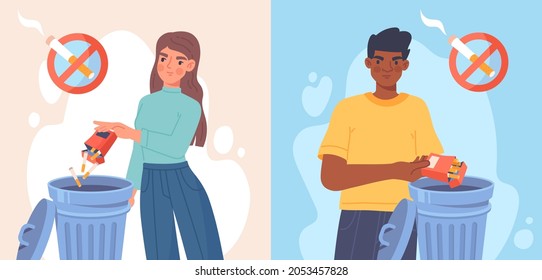 Man and woman quit smoking. Healthy lifestyle, people get rid of bad habits. Taking care of your health, harm from cigarettes. Guy and girl throw pack in garbage. Cartoon flat vector illustration