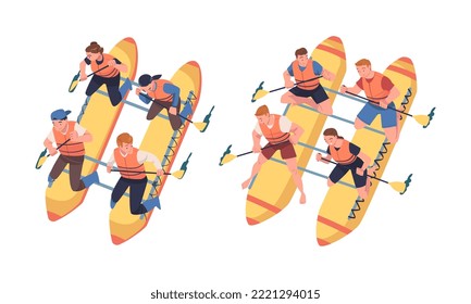 Man and Woman Rafting in Inflatable Raft Rowing with Paddle Engaged in Water Sport Vector Set
