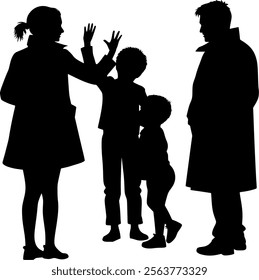 Man and woman in raincoats stand next to children and rejoice at something. Black silhouette on white background. Vector drawing.
