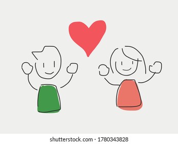 Man and woman raise hands with red warm love heart shape in the middle. Loving and friendship romance concept for brochure, banner, web sales materials. Children with love heart. Happy emotion